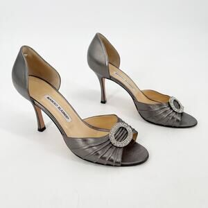 Manolo Blahnik Silver Metallic Sedaraby Crystal D'Orsay Peep Toe Heel size IT 41